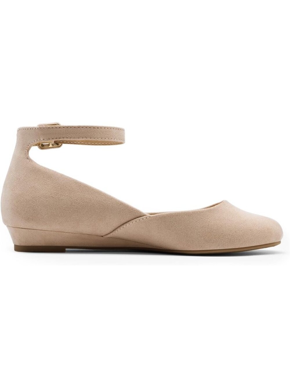 Women's Nude Suede Ankle Strap Ballet Flat Low Wedge Round Toe Comfortable Shoes - Picture 3 of 5